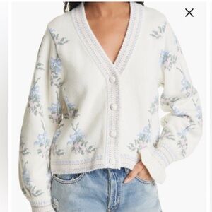 Love Shack Fancy Floral Knit Cardigan Sweater - White and Blue
